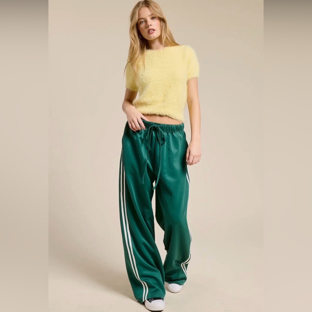 Green Wide-Leg Track Pants with Side Stripes